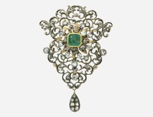 Spilla in oro, argento, smeraldo e diamanti, tardo ‘800